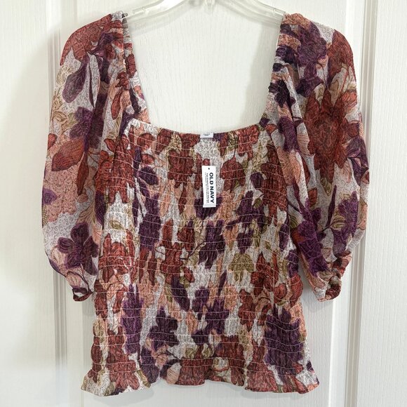 Old Navy Smocked Blouse Puff Sleeve Peasant Top Autumn Leaves Print Size Large - Picture 4 of 7